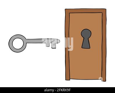 Cartoon vector illustration of wooden door with big keyhole and big key. Colored and black outlines. Stock Vector