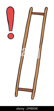 Cartoon vector illustration of wooden ladder with missing steps and exclamation mark. Colored and black outlines. Stock Vector