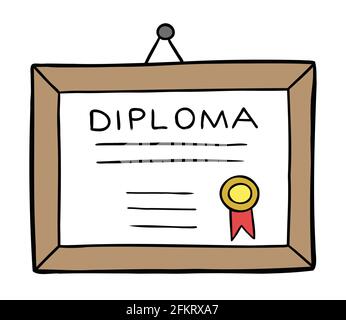 Cartoon vector illustration of framed diploma hanging on the wall. Colored and black outlines. Stock Vector