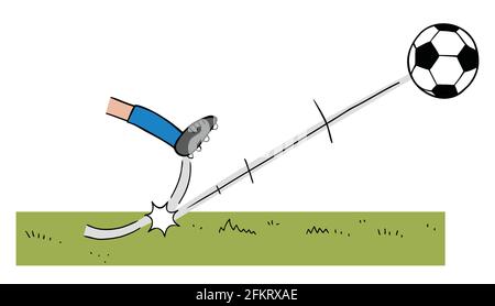 Cartoon vector illustration of soccer player who shoots the ball on the field. Colored and black outlines. Stock Vector