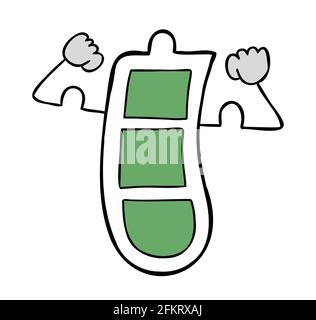 Cartoon vector illustration of powerful battery mascot character. Colored and black outlines. Stock Vector