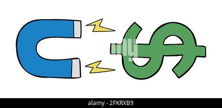 Cartoon vector illustration of magnet attracting dollar money. Colored and black outlines. Stock Vector