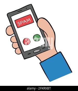 Cartoon vector illustration of man holding smartphone and spam call. Colored and black outlines. Stock Vector