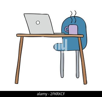 Cartoon vector illustration of desk, tea or coffee, chair and laptop. Colored and black outlines. Stock Vector