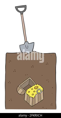 Cartoon vector illustration of big treasure under the shovel and soil. Colored and black outlines. Stock Vector