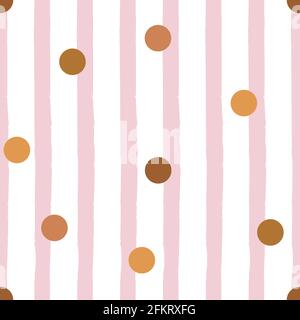 Golden confetti Vector seamless pattern Cute texture with polka dot on striped pink and white background Stock Vector