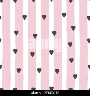 Romantic seamless pattern Vector illustration in flat design  Small black confetti in heart shape on striped pink and white background Stock Vector