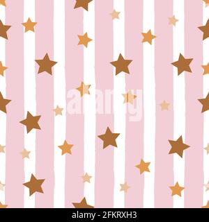 Gold star seamless pattern Vector illustration in flat design Many colorful confetti on striped pink and white background Stock Vector