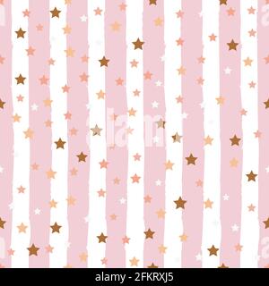 Vector illustration with cute gold seamless pattern Many small star confetti on striped pink and white background Stock Vector