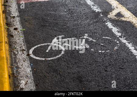 Bicycle old road sign in the city. Stock Photo