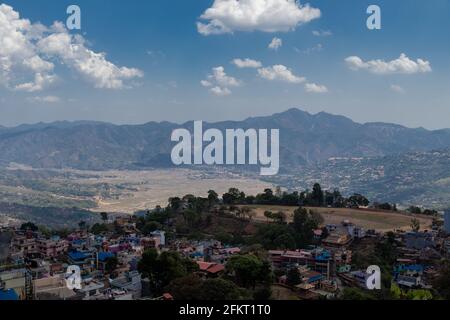 The scenic beauty landscape view of Tundikhel, Tansen and Madi Phat, Tansen from the Shreenagar Hill of Tansen, Palpa, Nepal Stock Photo