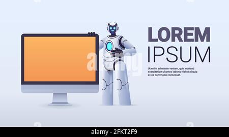 robot cyborg standing near computer monitor robotic character artificial intelligence technology concept Stock Vector
