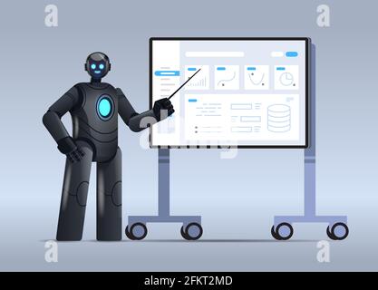robot analyzing statistics financial data robotic character making presentation on board artificial intelligence Stock Vector