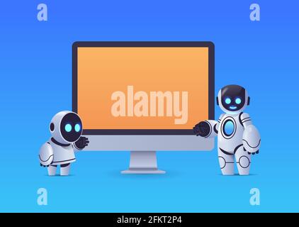 modern robots standing near computer monitor with blank screen robotic character artificial intelligence technology Stock Vector