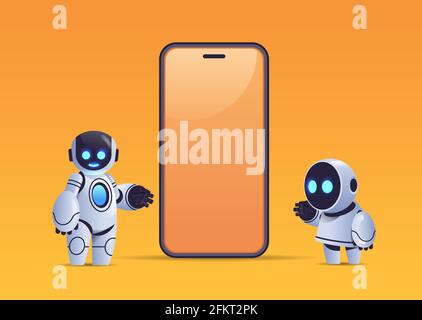 two robots standing near smartphone with blank screen robotic character artificial intelligence technology concept Stock Vector