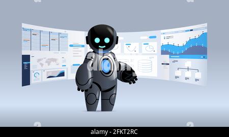 black robot analyzing statistics financial data on virtual boards artificial intelligence technology concept Stock Vector