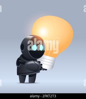 black robot cyborg holding light lamp modern robotic character with bright bulb new project creative idea Stock Vector