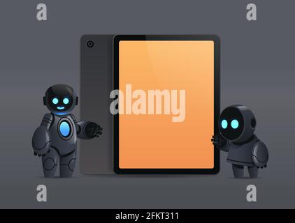 modern robots couple standing near tablet pc with blank screen robotic character artificial intelligence technology Stock Vector