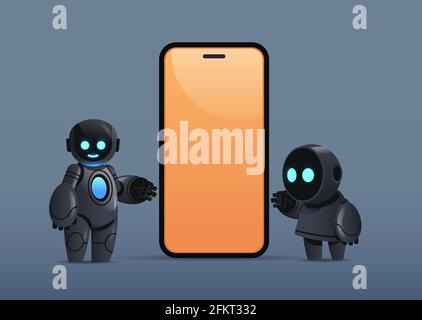 two robots standing near smartphone with blank screen robotic character artificial intelligence technology concept Stock Vector