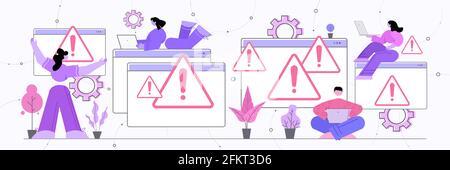 frustrated people reacting to danger exclamation marks problem cyber attack hacking warning signal scam alert Stock Vector