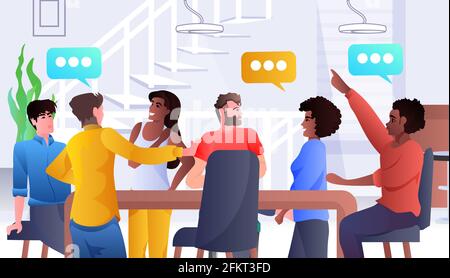 mix race friends discussing during meeting at round table chat bubble communication concept Stock Vector