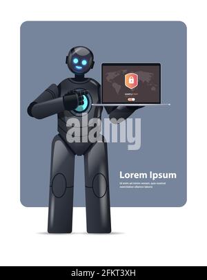modern black robot cyborg holding laptop with protection shield cyber security data protection artificial intelligence Stock Vector