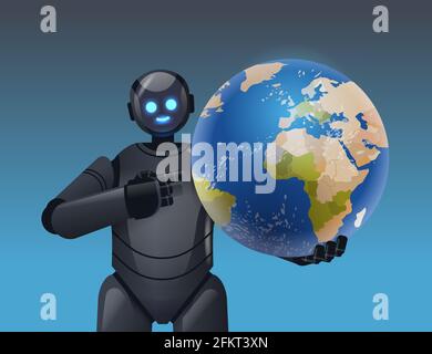 robot cyborg holding planet earth globe modern robotic character artificial intelligence technology concept Stock Vector