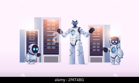 robots in server room big cloud data analysis artificial intelligence technology concept Stock Vector
