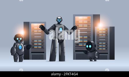 robots in server room big cloud data analysis artificial intelligence technology concept Stock Vector