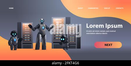 robots in server room big cloud data analysis artificial intelligence technology concept full length horizontal Stock Vector