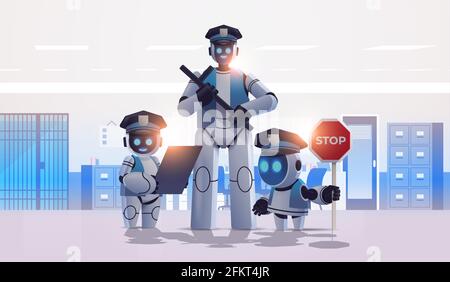police robots patrol cops in uniform standing together artificial intelligence technology concept Stock Vector