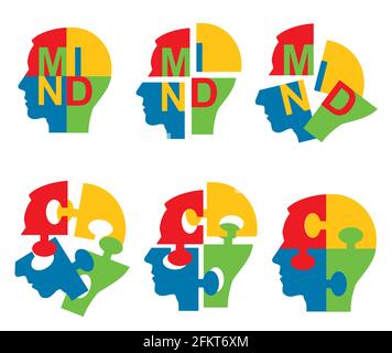 Colorful Puzzle Piece Silhouette Heads, scattered mind. Disassembled Puzzle stylized male head silhouette symbolizing personality breakdown. Stock Vector