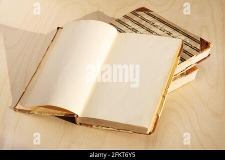 Old vintage book on wooden table. Open book with blank pages Stock Photo