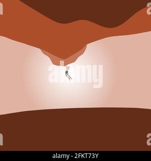 Rock climber on the cave without equipment at sunset hand drawn illustration vector. Stock Vector