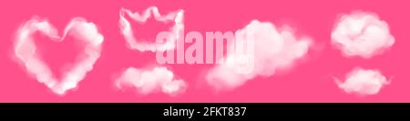 Realistic clouds in shape of heart and crown. Fluffy spindrift or cumulus eddies flying isolated on pink background, weather and nature, meteorology and climate design elements, 3d vector icons set Stock Vector