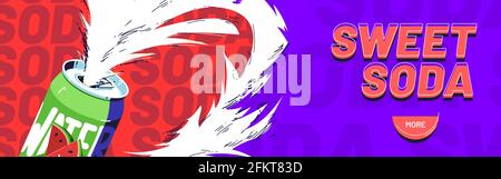 Sweet soda banner. Website design of fizzy drink with fruit juice. Vector landing page with flat illustration of watermelon beverage in aluminium can with white foam splash on purple background Stock Vector