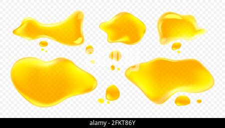 Spills of yellow juice, oil or honey isolated on transparent background. Vector realistic set of clear liquid puddles and drops of orange, lemon or mango juice top view Stock Vector