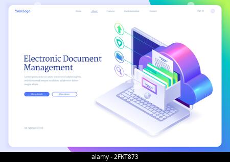 Electronic document management isometric landing page. Online paperwork storage, digital system of paper organization, manage business docs with cloud, drawer on computer screen 3d vector web banner Stock Vector