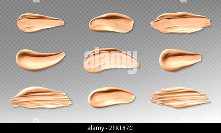 Skin foundation or concealer smear brush strokes. Beauty make up cosmetics texture smudge elements, abstract splash trace shapes samples isolated on transparent background. Realistic 3d vector set Stock Vector