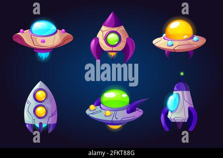 Rockets, ufo and spaceships isolated on blue background. Vector cartoon futuristic design of different shuttles in cosmos, flying saucer, unidentified rocketships and satellites Stock Vector
