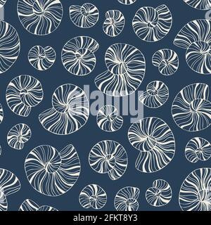 Hand-Drawn Sea Shells, Fossils Blue and Cream Vector Seamless Pattern Stock Vector