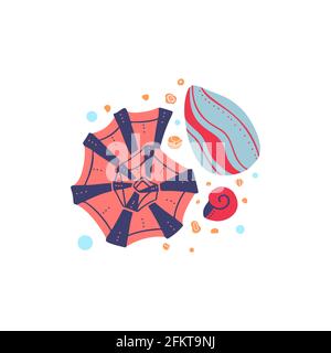 Cartoon illustration of seashells with sand and bubbles on a white background. Flat drawing ocean inhabitants with boho pattern. Vector molluscs, shel Stock Vector