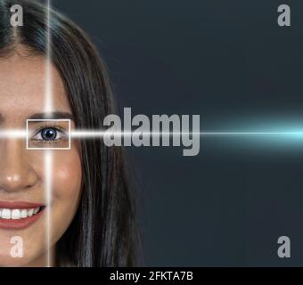 Eye scanning of asian young woman by laser light over the dark background, vision and identification concept Stock Photo