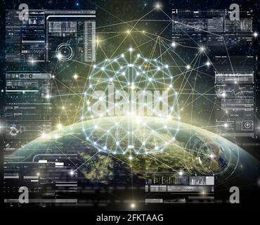 Polygonal brain shape of artificial intelligence with Technology digital virtual screen over Part of earth over the Milky Way background Stock Photo