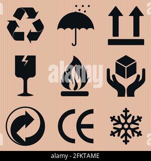 Vector design of cardboard box packaging symbols, different types of cardboard box icons. Stock Vector