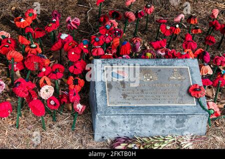 War memorial plaque placed on the Kings Domain to honour 106th Tank Attack Regiment A.I.F., together with knitted poppies, Melbourne, Australia Stock Photo
