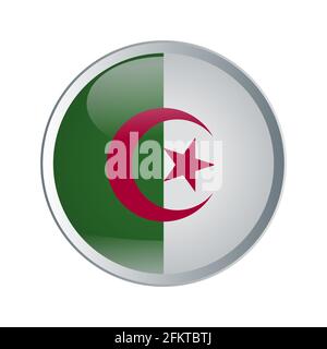 Flag of Algeria with shiny and glossy round button on white. Vector illustration. Stock Vector
