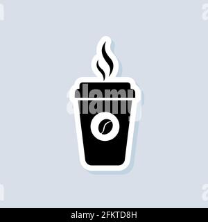 Hot coffee cup sticker, logo, icon. Vector. Paper mug. Disposable coffee cup icon with beans logo. Coffee shop logo. Vector on isolated background. EP Stock Vector