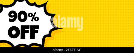 Speech bubble banner with 90 percent off text. Pop art retro comic style. Loudspeaker. For business, marketing and advertising. Vector on isolated bac Stock Vector