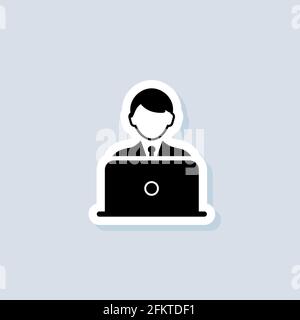 Freelance sticker, logo, icon. Vector. Man with desktop. Blogger with laptop icon. Vector on isolated background. EPS 10 Stock Vector